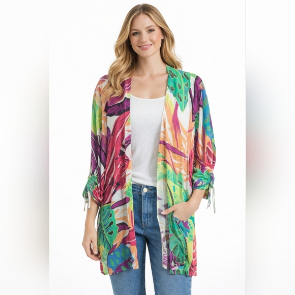 Chico's Sweaters - Chico's Knit Tropical Long Duster Cover-up Size XL (Chico's 3) Ruched Sleeve